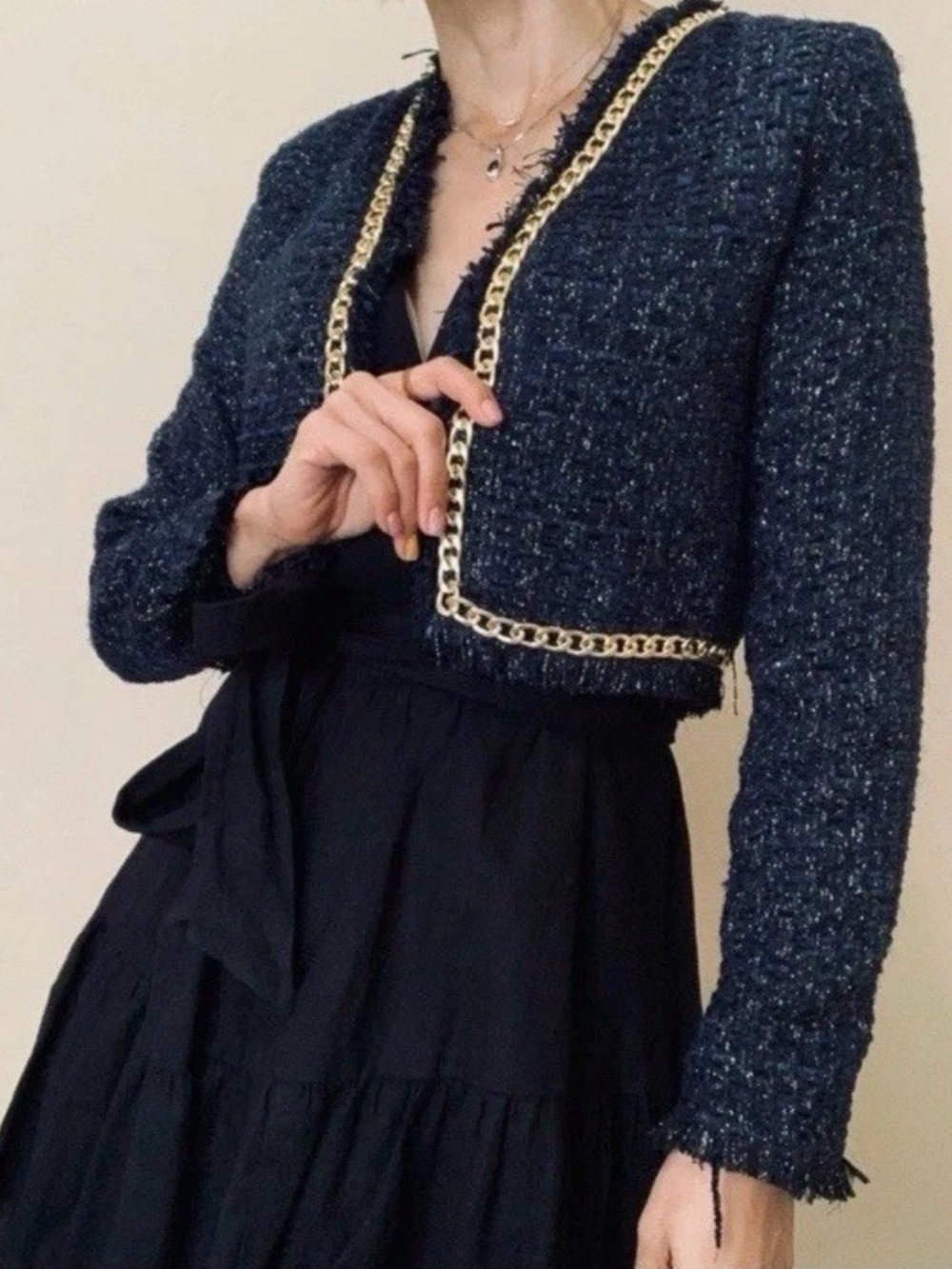 Christian Lacroix Navy Tweed Cropped Blazer with Gold Chain Trim